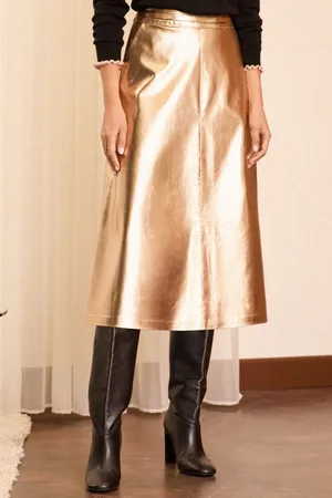 Love & Roses Womens Faux Leather Fit and Flare Midi Skirt