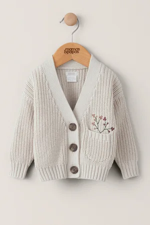 Mamas & Papas Girls Floral Embroidered Pocket Knitted 100% Cotton Cardigan
