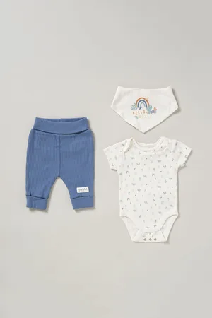 HOMEGROWN Boys 3-Piece Bodysuit Joggers And Reversible Bib Outfit Set
