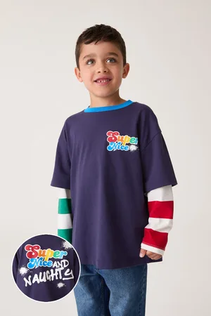 Little Bird Boys Navy 100% Cotton Long Sleeve Christmas Super Nice and Naughty T-Shirt