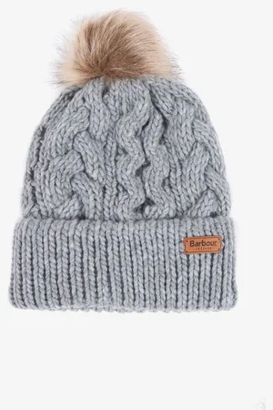 Barbour Grey Penshaw Cable Knit Faux Fur Pom Beanie Logo Hat One