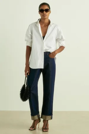 Reiss Womens Indigo Rudi Slim-Leg Metallic-Thread Turn-Up Jeans