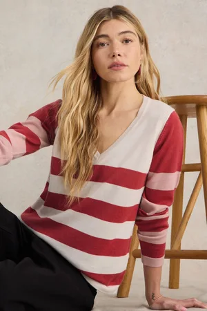 White Stuff Womens Stripe V-Neck Merino Jumper