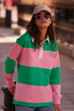 Next Womens Pink Stripe Stripe Slogan Graphic Collared Varsity Rugby 100% Cotton Polo Shirt