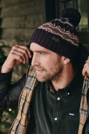 Barbour Mens Dark Case Fairisle Pattern Pom Beanie Hat