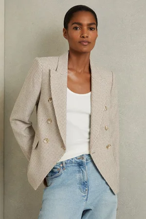 Reiss Womens Beige Check Elisa Petite Wool-Blend Double-Breasted Dogtooth Blazer