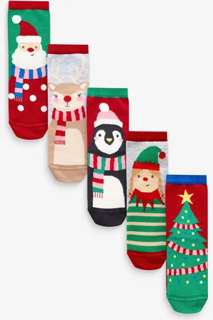 Next Girls /Green Cotton Rich Christmas Character Ankle Socks 5 Pack