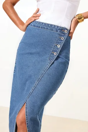 Lipsy London Asymmetrical Denim Midi Skirt AU 12
