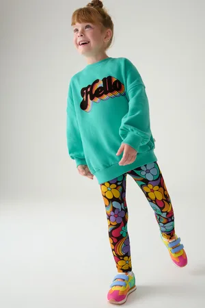 Little Bird Girls Turquoise Blue Colorful 100% Cotton Sweat Top and Leggings Set