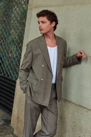 Next Mens Neutral Relaxed Fit Jacquard Check Suit Jacket