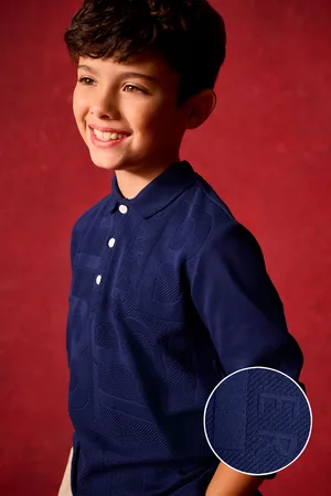 Ted Baker Boys Navy 100% Cotton Long Sleeve Textured Polo Shirt