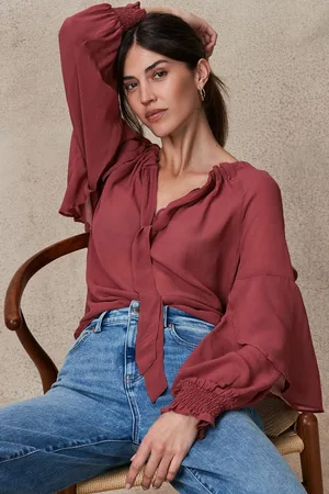 Next Womens Rosewood Gathered Tie Neck Volume Sleeve Blouse