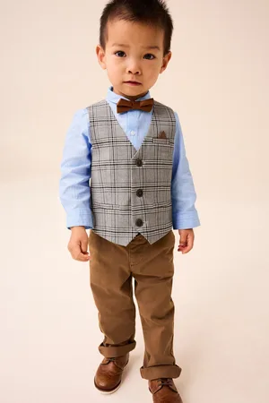 Next Boys Neutral Check Waistcoat, Shirt, Trousers & Bow Tie Set (3mths-9yrs)
