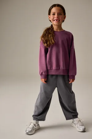 Next Girls Oversized 100% Cotton Sweat and Check Barrel Leg Joggers Set (3-16yrs)