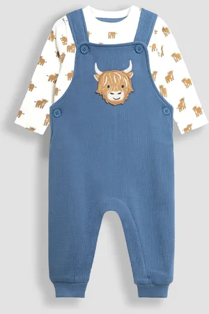 JoJo Maman Bébé Boys Denim Highland Cow Appliqué Dungarees and Top Set