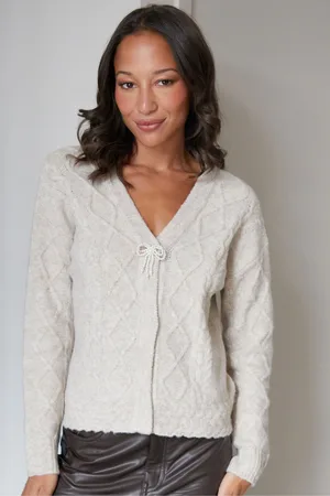 Threadbare Natural Bow Detail Cable Knit Cardigan AU 16