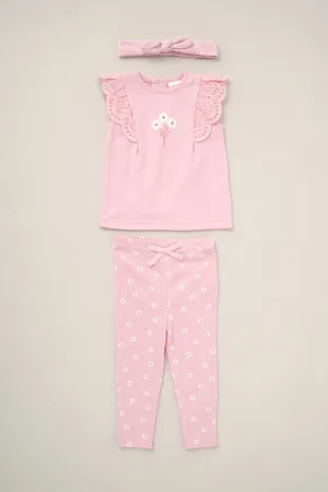LILY & JACK Girls Broderie Detail Top Joggers And Headband Outfit Set 3 Piece