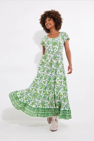 Joe Browns Botanical Full Skirt Crinkle 100% Cotton Maxi Dress AU 14