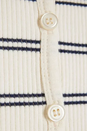 River Island Cream 100% Cotton Ribbed Stripe Button Cardigan AU 18