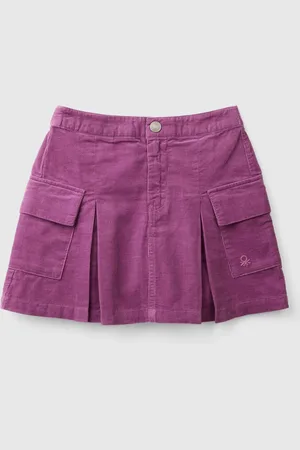 Benetton Girls Corduroy Mini Skirt With Front Pleats And Side Pockets