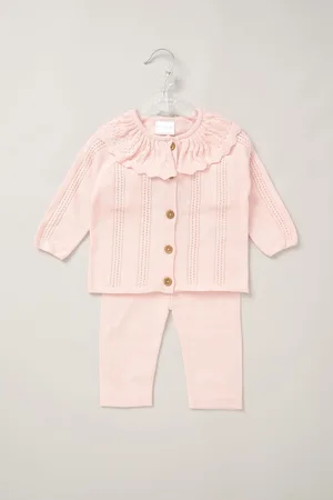Rock-a-bye Baby Boutique Girls Girls 100% Cotton Cardigan With Oversized Frill Collar and Trousers Outfit Set