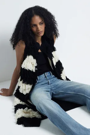 River Island Black Stripe Sleeveless Fringe Cardigan L