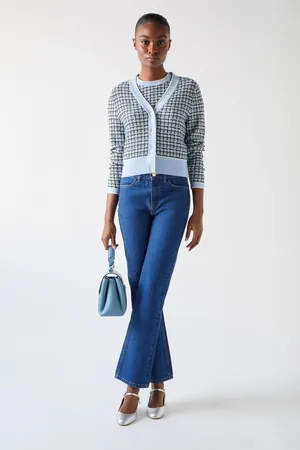LK Bennett Blue Honey Cotton Contrast Pattern Cropped V-Neck Cardigan M