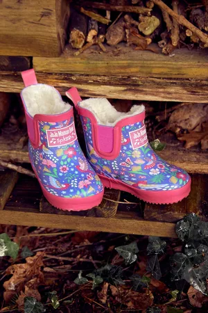 JoJo Maman Bébé Girls Purple Cosy Lined Bird Floral Ankle Wellies