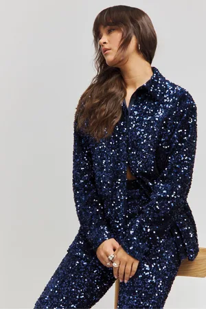 Simply Be Womens Navy Velvet Sequin Shirt