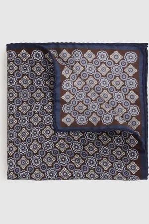Reiss Mens Navy/Chocolate Salerno Silk Medallion Print Pocket Square