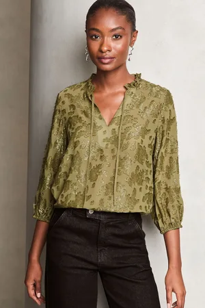 Lipsy London Womens Khaki 3/4 Sleeve Metallic Blouse