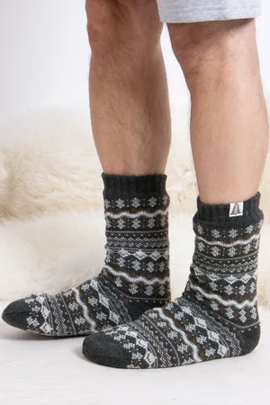 Totes Mens Grey Mens Fairisle Pattern Slipper Socks