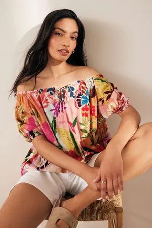 Next Womens Multi Tropical Floral Print Short Sleeve Tie Neck Bardot Blouse