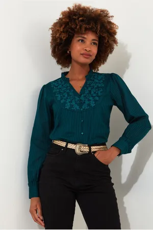 Joe Browns Womens Vintage Embroidered Yoke Collarless Long Sleeve Blouse