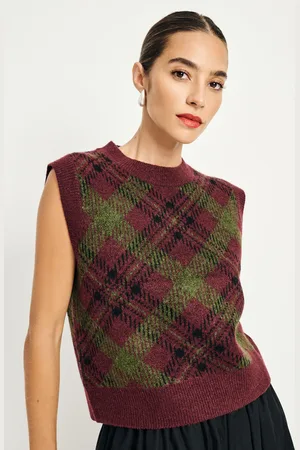 Next Womens Burgundy Olive Tartan Sleeveless Crew Neck Knitted Jumper Tank Vest Top with Wool