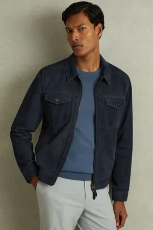 Reiss Mens Indigo Pike Suede Zip-Through Trucker Jacket