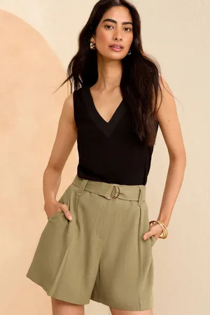 Love & Roses Womens Khaki Tailored Belted Shorts With Linen