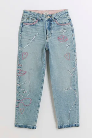 River Island Girls Mom Girls Embroidered 100% Cotton Jeans