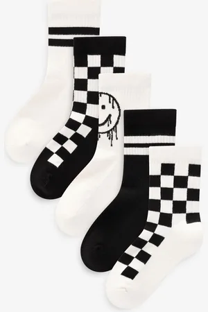 Next Boys /Black Checkerboard Cushioned Footbed Cotton Rich Ribbed Socks 5 Pack