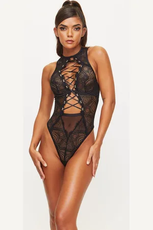 Ann Summers Black Free Reign Lace Crotchless Bodysuit L