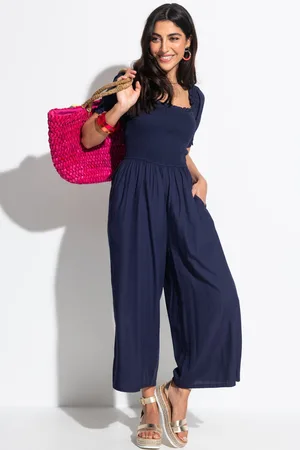 Pour Moi Womens Navy Sally Fuller Bust Shirred Bodice LENZING ECOVERO Puff Sleeve Jumpsuit