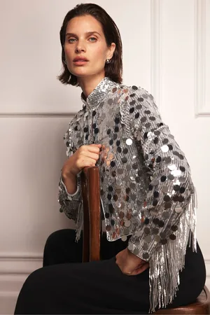 mint&berry Womens Silver Sequin Fringed Shrug