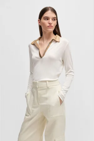HUGO BOSS White Signature Stripe V-Neck Collared Blouse XL
