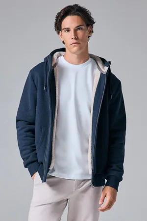 Next Mens Navy Borg Fleece Lined Zip Through Hoodie