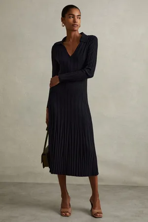 Reiss Womens Navy Winnie Petite Knitted Open-Collar Midi Dress