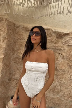 Never Fully Dressed White/Gold Embroidery Tummy Control Bandeau Swimsuit AU 14