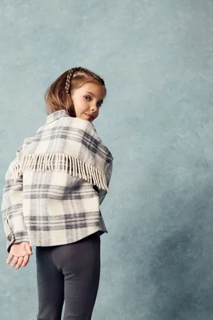 Next Girls Neutral Check Fringed Shacket (3-16yrs)