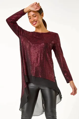 Roman Red Chiffon Hem Sequin Stretch Tunic Top AU 18