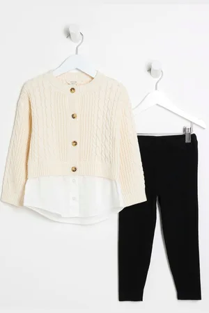 River Island Girls Beige Girls Cable 100% Cotton Cardigan And Leggings Set