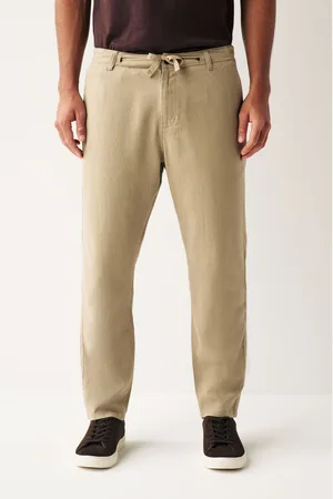 Next Mens Stone Linen Viscose Drawstring Trousers